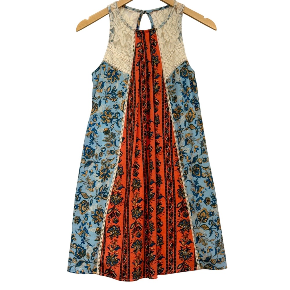 Xhilaration Womens XS Orange Blue Floral Lace Mixed Print Boho Mini Dress